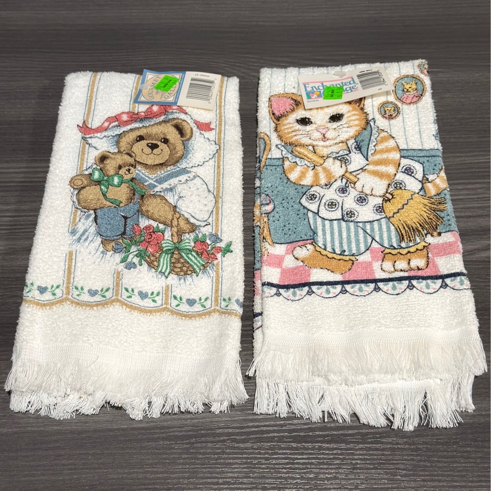 Vintage Cannon Hand Towel Set Cat Bear Enchanted Cottage Fringed USA New Tags